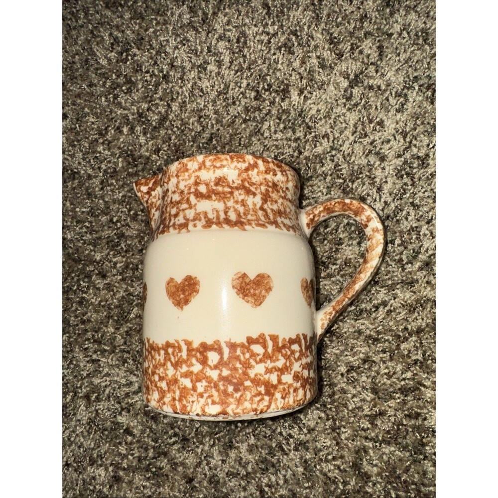 Roseville Ohio Friendship Pottery 1 Qt Pitcher HEART SPONGED Brown Rose  Scarce